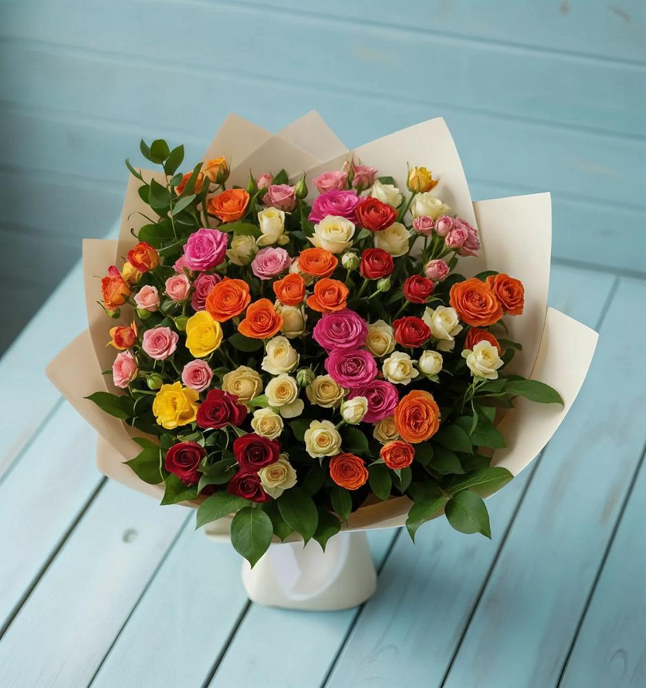 Букет Микс из разноцветных кустовых роз в Сокольниково