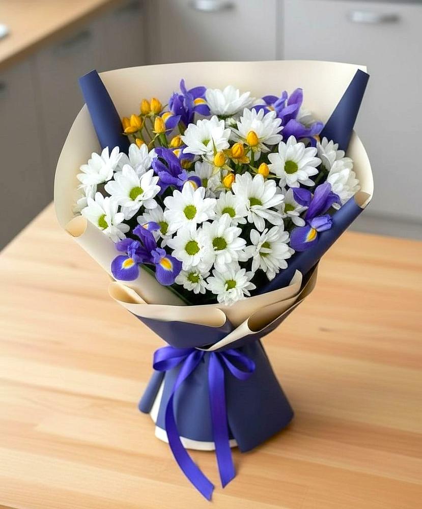 Букет цветов из: Розы, Ирисы и Хризантемы в Сокольниково