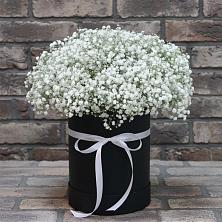 Цветочная композиция из Гипсофила в шляпной коробке в Сокольниково