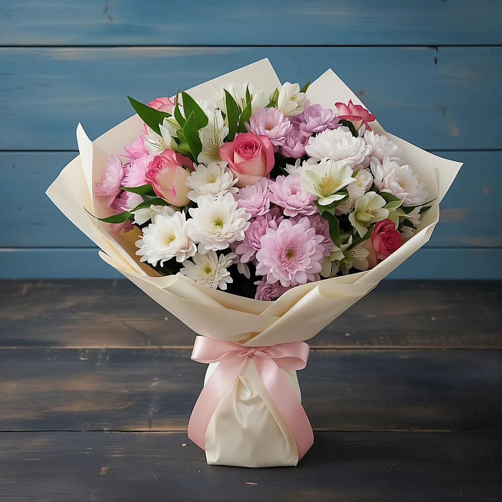 Букет цветов из: Хризантемы, Альстромерии и Розы в Сокольниково